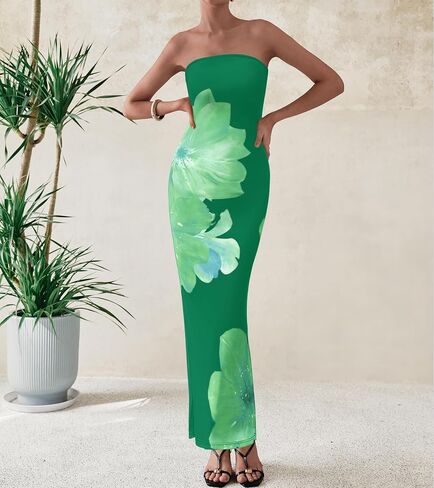 PRETTYGARDEN Women Summer Strapless Maxi Dress Bodycon Floral Sexy Long Wedding Guest Dress Formal Tube Mesh Cocktail Dresses in Saudi Arabia