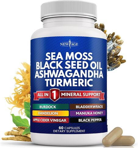 NEW AGE Sea Moss Black Seed Oil Ashwagandha Turmeric Bladderwrack Burdock - with Manuka, Honey Dandelion, ACV Black Pepper Gluten Free in Saudi Arabia