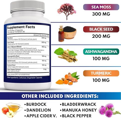 NEW AGE Sea Moss Black Seed Oil Ashwagandha Turmeric Bladderwrack Burdock - with Manuka, Honey Dandelion, ACV Black Pepper Gluten Free in Saudi Arabia