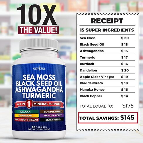NEW AGE Sea Moss Black Seed Oil Ashwagandha Turmeric Bladderwrack Burdock - with Manuka, Honey Dandelion, ACV Black Pepper Gluten Free in Saudi Arabia