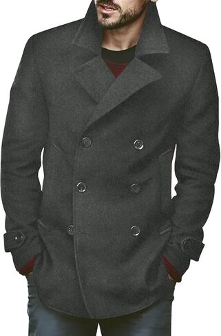 Bbalizko Mens Classic Pea Coat Notched Collar Double Breasted Slim Fit Winter Warm Heavyweight Trench Coats in Kuwait