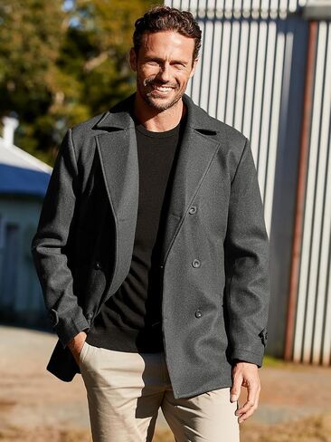 Bbalizko Mens Classic Pea Coat Notched Collar Double Breasted Slim Fit Winter Warm Heavyweight Trench Coats in Kuwait