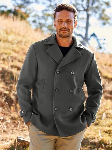 Bbalizko Mens Classic Pea Coat Notched Collar Double Breasted Slim Fit Winter Warm Heavyweight Trench Coats in Kuwait