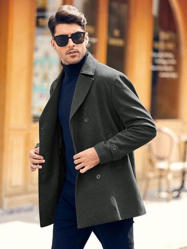 Bbalizko Mens Classic Pea Coat Notched Collar Double Breasted Slim Fit Winter Warm Heavyweight Trench Coats in Kuwait