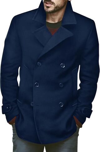 Bbalizko Mens Classic Pea Coat Notched Collar Double Breasted Slim Fit Winter Warm Heavyweight Trench Coats in Kuwait