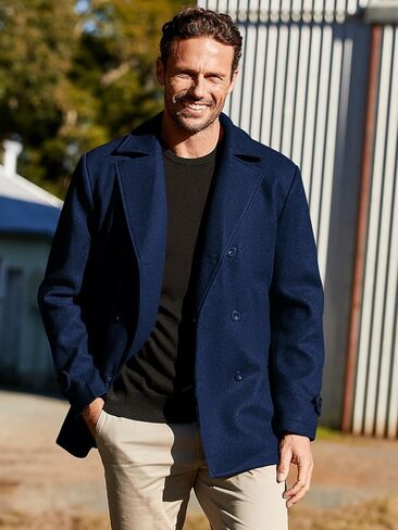 Bbalizko Mens Classic Pea Coat Notched Collar Double Breasted Slim Fit Winter Warm Heavyweight Trench Coats in Kuwait
