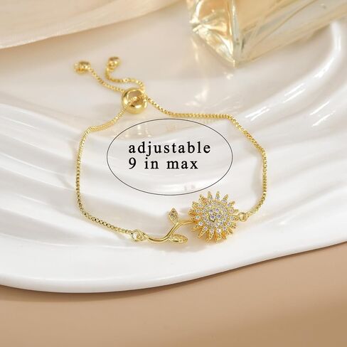 Spinning Sunflower Bracelet for Women 7"-9" Adjustable Flowers Rhinestone Fidget Bracelets for Tiny Wrist Sparkly Flower Anxiety Bracelet Cubic Zircon Sunflowers Mood Statement Bracelets Worry Relieving Jewelry Accessories in Saudi Arabia