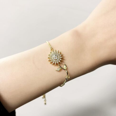 Spinning Sunflower Bracelet for Women 7"-9" Adjustable Flowers Rhinestone Fidget Bracelets for Tiny Wrist Sparkly Flower Anxiety Bracelet Cubic Zircon Sunflowers Mood Statement Bracelets Worry Relieving Jewelry Accessories in Saudi Arabia