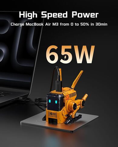 شاحن USB C بقدرة 65 وات، كتلة شاحن سريع GravaStar Alpha65 Robot GaN، محول طاقة 3 منافذ، شاحن حائط قابل للطي لجهاز MacBook Pro/Air، iPad Pro، Galaxy S23، XPS 13، Note 20/10+، iPhone 15/Pro، Steam Deck in Kuwait