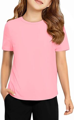 Haloumoning Girls Athletic Shirts Short Sleeve Dry Fit T-Shirt Kids Summer Curved Hem Tee Tops 5-14 Years in Kuwait