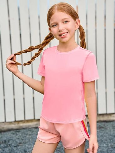 Haloumoning Girls Athletic Shirts Short Sleeve Dry Fit T-Shirt Kids Summer Curved Hem Tee Tops 5-14 Years in Kuwait