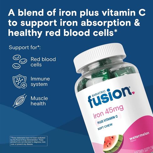 Bariatric Fusion Iron Supplement for Women Anemia | Chewable Iron with Vitamin C | Watermelon Flavored Soft Chew | Gentle on Stomach Ferrous Fumarate for Women and Men | Gluten Free | 60 Count in Saudi Arabia