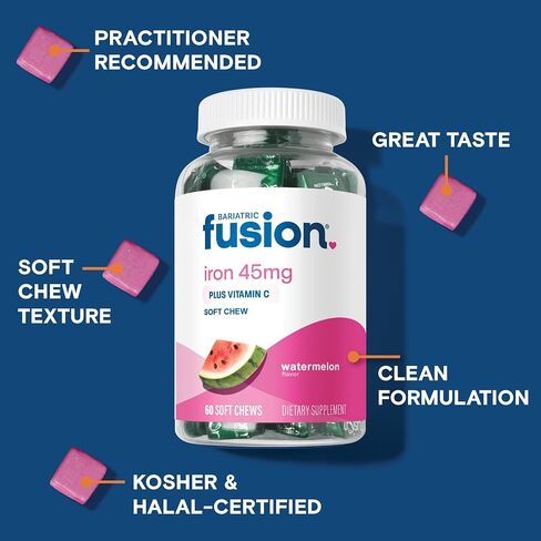 Bariatric Fusion Iron Supplement for Women Anemia | Chewable Iron with Vitamin C | Watermelon Flavored Soft Chew | Gentle on Stomach Ferrous Fumarate for Women and Men | Gluten Free | 60 Count in Saudi Arabia