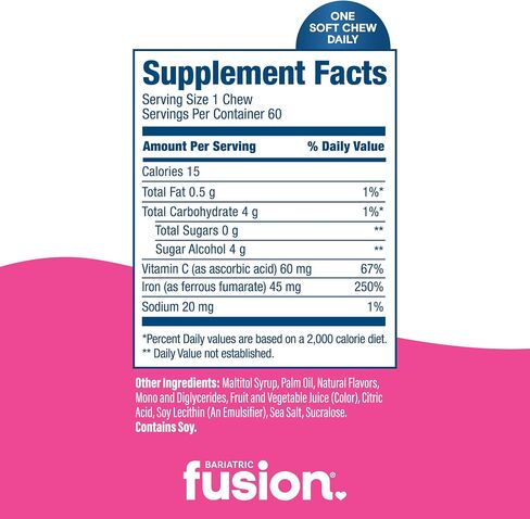 Bariatric Fusion Iron Supplement for Women Anemia | Chewable Iron with Vitamin C | Watermelon Flavored Soft Chew | Gentle on Stomach Ferrous Fumarate for Women and Men | Gluten Free | 60 Count in Saudi Arabia
