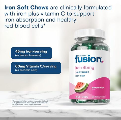 Bariatric Fusion Iron Supplement for Women Anemia | Chewable Iron with Vitamin C | Watermelon Flavored Soft Chew | Gentle on Stomach Ferrous Fumarate for Women and Men | Gluten Free | 60 Count in Saudi Arabia