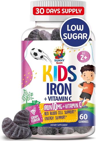 SUNNY SAM Iron Gummies for Kids & Teens - 10mg Iron Vitamins with Vitamin C - Low-Sugar Chewable Gummy Supplement for Immune Support, Supports Red Blood Cell Production for Children & Teen Girls in Kuwait