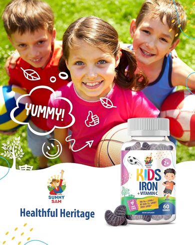 SUNNY SAM Iron Gummies for Kids & Teens - 10mg Iron Vitamins with Vitamin C - Low-Sugar Chewable Gummy Supplement for Immune Support, Supports Red Blood Cell Production for Children & Teen Girls in Kuwait