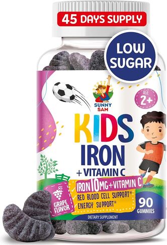 SUNNY SAM Iron Gummies for Kids & Teens - 10mg Iron Vitamins with Vitamin C - Low-Sugar Chewable Gummy Supplement for Immune Support, Supports Red Blood Cell Production for Children & Teen Girls in Kuwait
