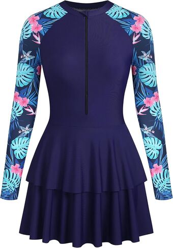 ZAFUL Women's One Piece Rash Guard Long Sleeve Modest Swimsuits Dress Zipper Bathing Suit Swimskirt in Saudi Arabia