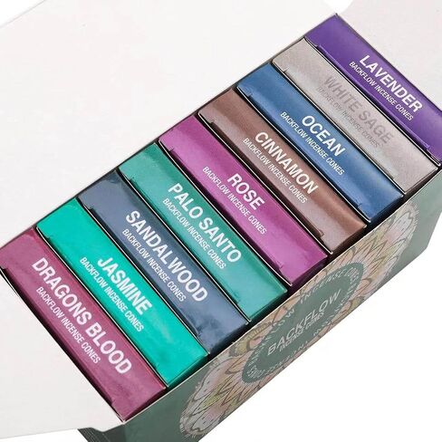 Set of 9 Backflow Incense Cones Gift Variety Pack - White Sage, Dragons Blood, Palo Santo, Jasmine, Lavender, Ocean, Sandalwood, Cinnamon, Rose for Waterfall Aromatic Smoke Fountain Haze Falls in Saudi Arabia