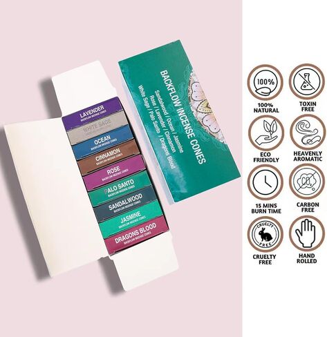 Set of 9 Backflow Incense Cones Gift Variety Pack - White Sage, Dragons Blood, Palo Santo, Jasmine, Lavender, Ocean, Sandalwood, Cinnamon, Rose for Waterfall Aromatic Smoke Fountain Haze Falls in Saudi Arabia