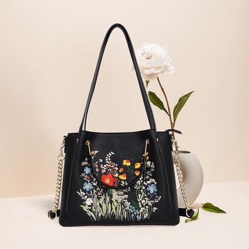 Medium Tote Bag for Women Vegan Leather Designer Top Handle Handbags Floral Embroidery Casual Travel Shoulder Bag for Women in Saudi Arabia