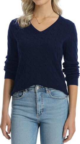 QUALFORT Women's 100% Cotton V Neck Cable Knit Pullover Sweaters in Saudi Arabia