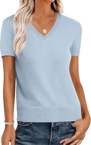 ANRABESS Women’s Wool Blend Tops Short Sleeve V Neck Soft Business Dressy Casual Pullover Sweater 2025 Trendy Outfits in Saudi Arabia