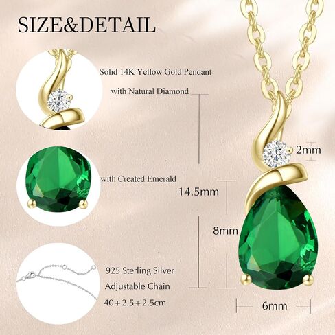 FANCIME 14K Solid Yellow Gold Birthstone Pendant Necklace for Women with Diamond Pear Shaped Teardrop Necklace Birthday Gifts for Mom Women Sterling Silver Chain 16" + 2" Extender in Kuwait