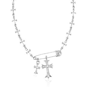 Cross Necklaces for Women, Safety Pin Necklace Silver Cross Cubic Zirconia Pendant Necklace, Faith Cross Necklaces Punk Goth Jewelry for Women Men
