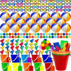 120 PCS Kids Summer Beach Party مجموعات- تشمل 18 كرات شاطئية قابلة للنفخ ، 36 مجموعة رمل ومجرفة ، و 24 نظارة شمسية نيون ، و 24 مدفعًا مائيًا ، و 18 كرة ماء ، ومسبح ، وموزعات ،