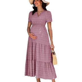 Summer Maxi Maternity Dress Pockets Casual Vacation Boho Baby Shower Short Sleeves A Line Beach Sundress Pregnancy