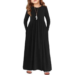 Haloumoning Girls Maxi Dress Long Sleeve Casual Holiday Dress with Pockets for 5-14 Years