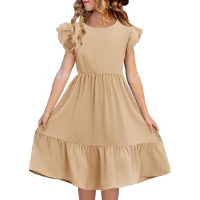 Haloumoning Girls Dresses Kids Summer Double Layer Ruffle Sleeve Dress 5-14 Years