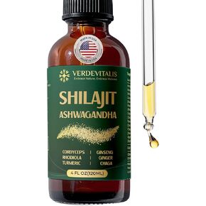 قطرات شيلاجيت السائلة مع Ashwagandha-ملحق عشبي 8 في 1 مع Cordyceps و Rhodiola و Ginseng و Ginger و Turmeric & Chaga-Energy ، Focus & Immune Support-4 Fl Oz