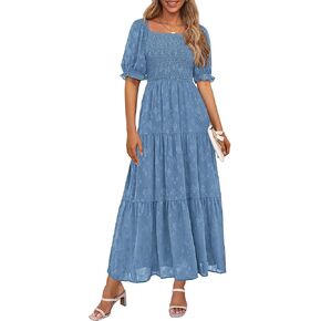 PRETTYGARDEN Women's 2025 Summer Casual Midi Dresses Square Neck Short Sleeve Smocked A Line Floral Flowy Elegant Boho Dress