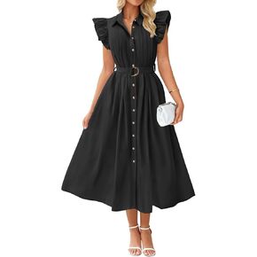 ZESICA Women's 2025 Summer Boho Button Midi Dresses Casual V Neck Flutter Sleeve Belted Long Dresses with Pockets