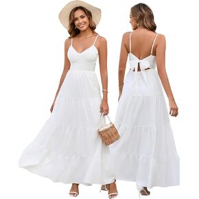 Htzmo النساء غير الرسمي الصيفي الأزهار Maxi Sundress v الرقبة السباغيتي حزام Bow Tie Backy Flowy Boho Beach Dress 2025