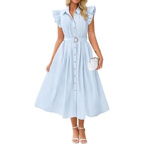 ZESICA Women's 2025 Summer Boho Button Midi Dresses Casual V Neck Flutter Sleeve Belted Long Dresses with Pockets in Kuwait