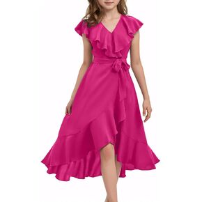 Girls Flowy Summer Dresses Ruffle Hem V Neck Short Sleeve Midi Dress Cap Sleeveless Belt A-Line Casual Formal Dress