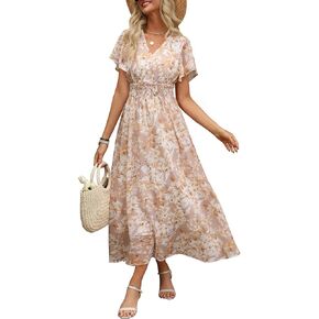 ANRABESS Womens Summer Floral Maxi Dress Casual V Neck Short Sleeve Chiffon Boho Flowy Beach 2025 Wedding Guest Long Dresses