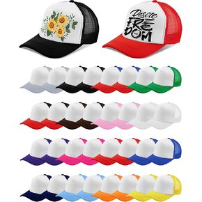 32 Pcs Unisex Sublimation Blank Mesh Trucker Hat 16 Colors Bulk DIY Adjustable Plain Polyester Baseball Cap Colored Summer Trucker Cap for Men Women Embroidery Printing Outdoor Sport Supply