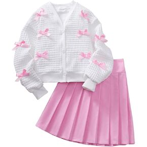 الزي الفتاة المكون من 2 قطعة y2k bow cardigan v الرقبة سترة طويلة الأكمام مطوية مجموعة تنورة صغيرة