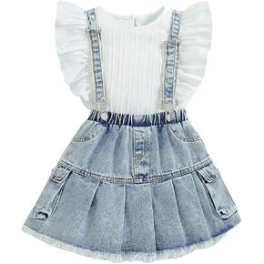 MakeMeChic Girl's 2 Piece Outfits Crew Neck Flutter Sleeve Tee Top and Denim Overall Skirt Set