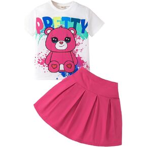 Girls Clothes Skirt Set Short Sleeve Square Neck Top And Skirt Girls Set 2 Piece Outfit