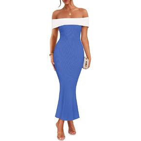 ZESICA Women's 2025 Summer Off The Shoulder Knit Maxi Dresses Sleeveless Color Block Formal Party Bodycon Dress