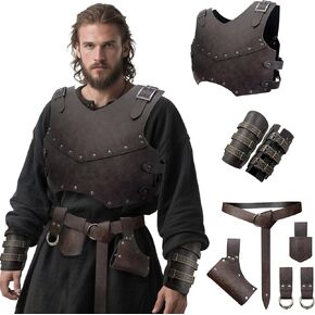 HiiFeuer Medieval Faux Leather Armor Bundle: Viking Mercenary Chest Armor, Adjustable Bracers & 5-Piece Belt Set for LARP, Ren Faire, Knight Archer Costume (Brown A)