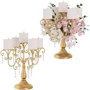 jxgzyy gold candelabra مجموعة من 2 من حاملي الشموع ، 5 ذراع 15.75 "حامل الشمعدان طويل القامة Crystal Candelabra خمر Candlestick موقف لحفل الزفاف محور عيد الحب غرفة الطعام