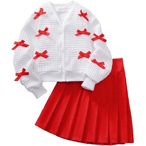 الزي الفتاة المكون من 2 قطعة y2k bow cardigan v الرقبة سترة طويلة الأكمام مطوية مجموعة تنورة صغيرة in Kuwait