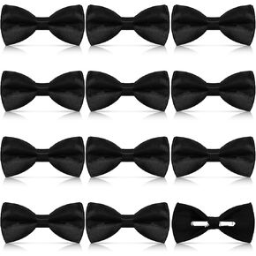 12 Pieces Clip on Bow Ties for Men Pre Tied Black Solid Clip on Formal Satin Tuxedo Bow Ties in Bulk for Men Costume Wedding Party